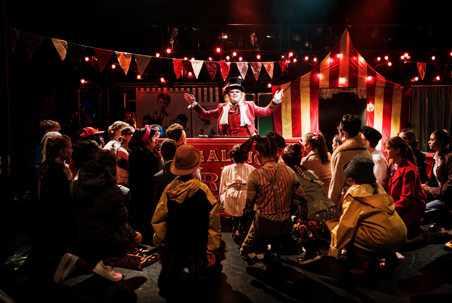 The Ringmaster and young cast of The Little Zombie Girl on stage.